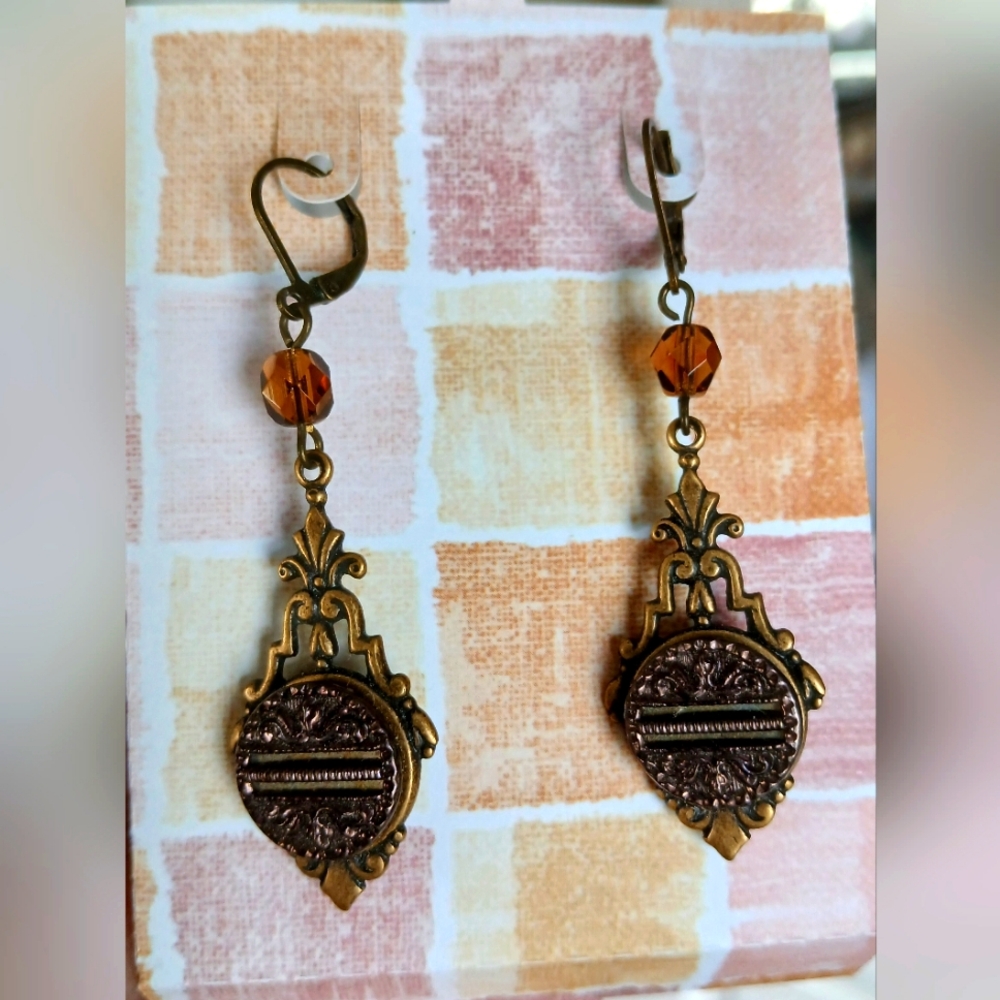 Antique Picture Button Earrings Oxidized Brass, Victorian Boho Western Grunge